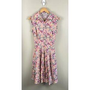 Maggie Tang Vtg Dress US Sz 12 Pink Floral 60's Style Sleeveless Button‎ Front